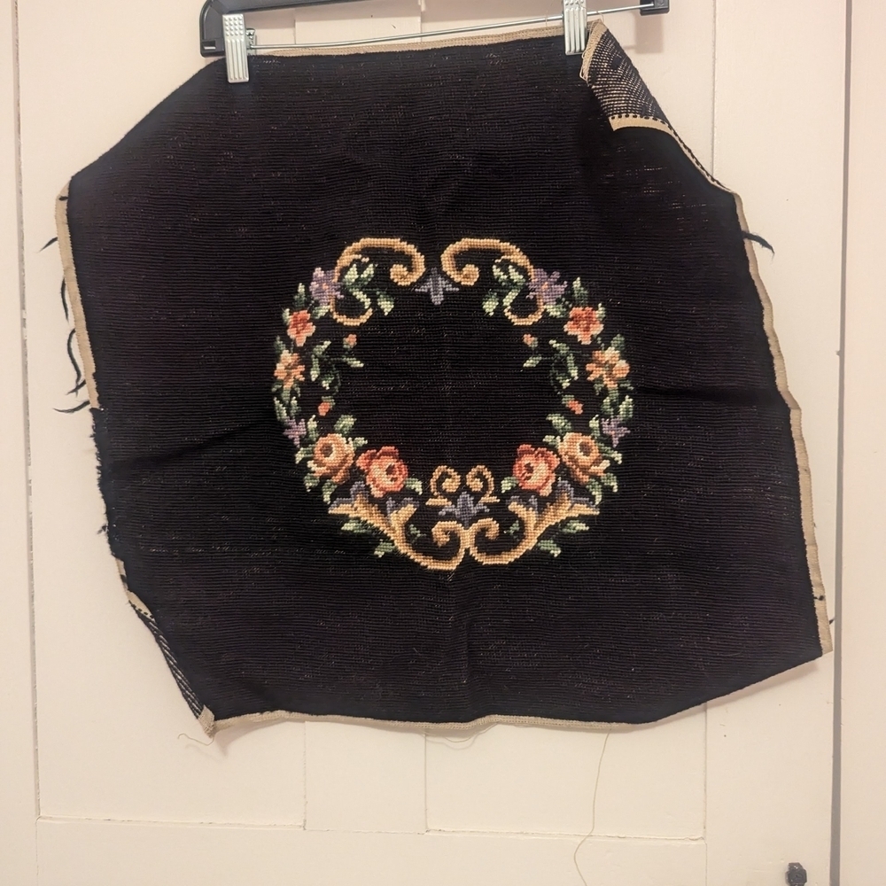 Floral Needlepoint Black Tapestry fabric piece Victorian repair